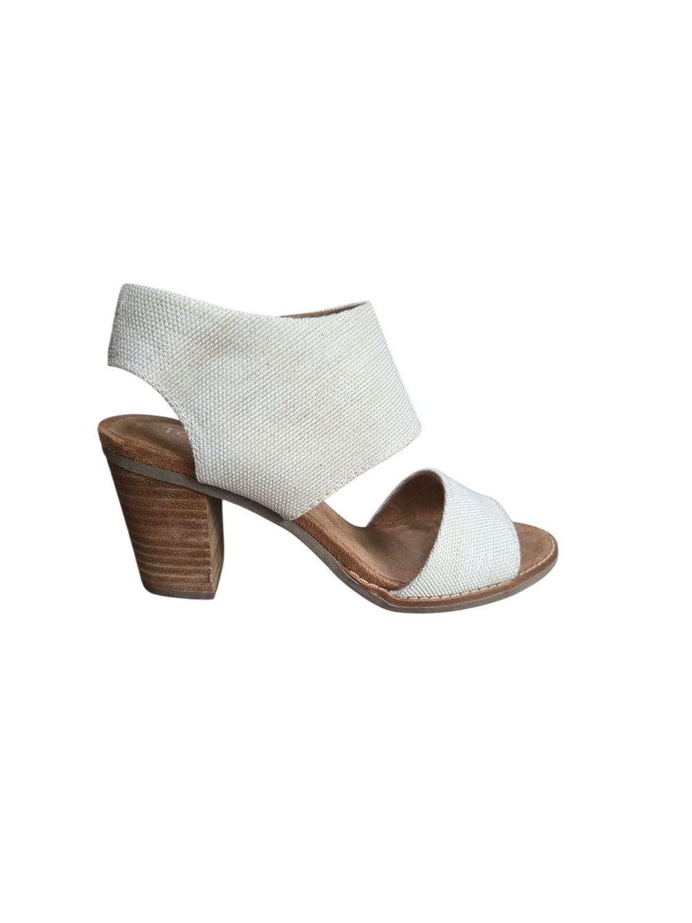 Toms Off White Linen Textured Block Heel Sandal Size 6